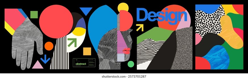 Abstract Design Collage. Vibrant vector abstract collage with geometric shapes, patterns, silhouettes, and textures. Modern design for a poster or background.