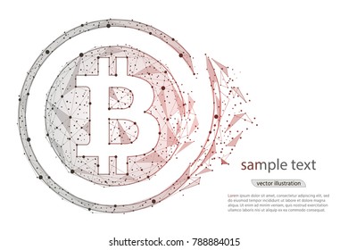 abstract design collapse Bitcoin digital currency coin.isolated from low poly wireframe on white background. polygonal image.Vector illustration.