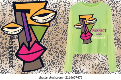 Abstract design of colored face of woman in women's dress 
and t shirt  with perfect abstract mark writing