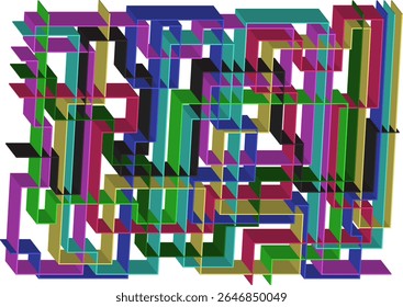 Design abstrato com padrões coloridos de linhas geométricas formando caminhos 3D de interseção. A composição cria uma sensação de profundidade, estrutura e complexidade visual que é moderna e dinâmica