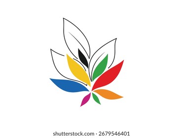 An abstract design of colorful leaves arranged in a circular pattern.