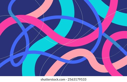 An abstract design of colorful wavy lines in pink, light blue, turquoise, and peach on a dark blue background. Thin white lines intersect the flowing bands, creating a dynamic and intricate pattern.