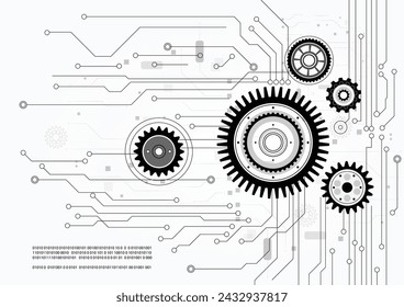 Abstraktes Design, bestehend aus Zahnrädern und Zahnrädern, symbolisiert eine Verschmelzung von Technologie und Maschinen innerhalb eines Geschäfts- und Ingenieurkontextes auf weißem Hintergrund. Vektorgrafik.