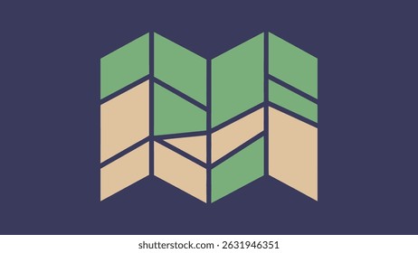 An abstract design composed of geometric shapes in green and beige, arranged in a symmetrical pattern.