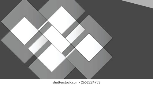 Um design abstrato composto de quadrados sobrepostos em vários tons de cinza e branco, criando um padrão geométrico. Os quadrados são organizados em uma composição dinâmica.