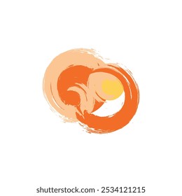 an abstract design composed of swirling shapes in warm colors. There are two main circular forms: one is a soft peach color, and the other is a vibrant orange.