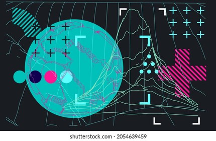 Abstract design composition in retrofuturistic style. Sphere and graph models.