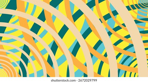 Design abstrato com círculos concêntricos e linhas de interseção em cores vibrantes.