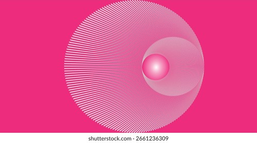 Diseño Abstractas con círculos concéntricos que irradian desde una esfera central sobre un fondo rosa.