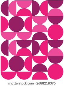 Um design abstrato de semicírculos concêntricos e círculos em uma paleta de rosas e roxo, criando uma sensação de ritmo visual e design contemporâneo.