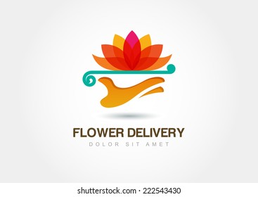 Abstract Design Concept For Flower Delivery Service. Vector Logo Template. Garden Symbol. Nature Green Plant For Cosmetics And Beauty.