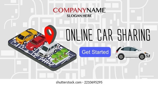 Abstract design concept on carsharing theme with car station located on smartphone screen and car shared pin isometric vector illustration. Suitable for web landing pages and banners. Vector.