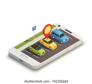 Abstract design concept on carsharing theme with car station located on smartphone screen and car shared pin  isometric vector illustration