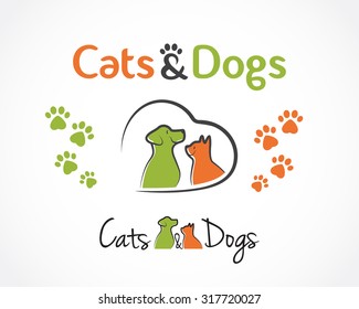 Conceito de design abstrato para pet shop ou veterinária. Símbolo de cão e gato. Modelo de logotipo vetorial