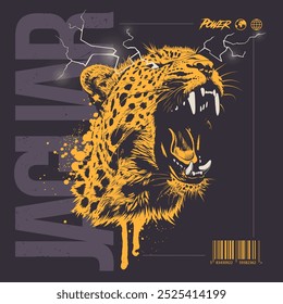 Abstract design concept with roaring jaguar with flashes coming from his eyes. Y2K grunge vector graphic. Perfect for prints, apparel and streetwear.