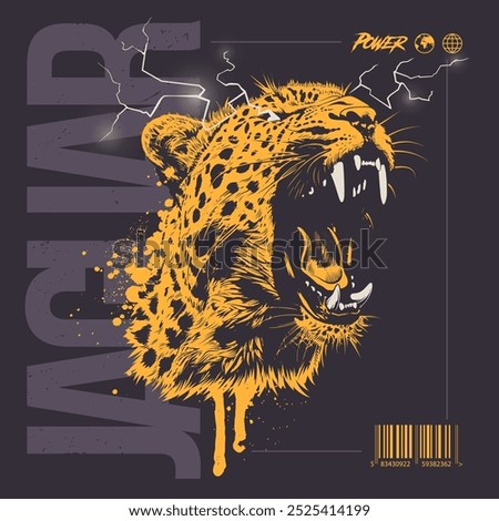 Abstract design concept with roaring jaguar with flashes coming from his eyes. Y2K grunge vector graphic. Perfect for prints, apparel and streetwear.