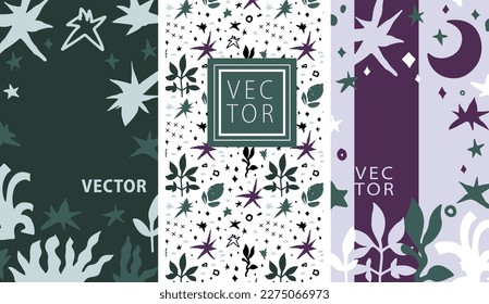 Abstract design, copy space for typography template page. Blooming flowers and leaves, foliage and decoration, crescent moon and seaweed, stars and shapes. Vector in flat style, illustration