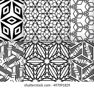 abstract design of cubes. set of 6 patterns. vector illustration. black-and-white color.