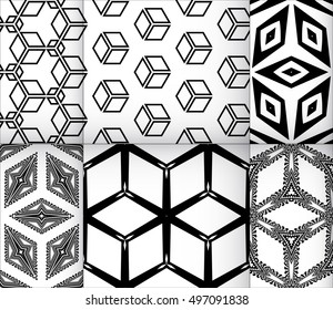 abstract design of cubes. set of 6 patterns. vector illustration. black-and-white color.