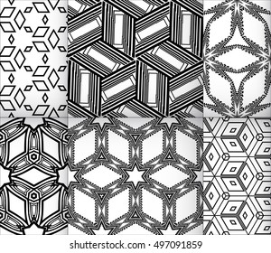 abstract design of cubes. set of 6 patterns. vector illustration. black-and-white color.