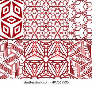 abstract design of cubes. set of 6 patterns. vector illustration. red gradient color.