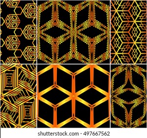 abstract design of cubes. set of 6 patterns. vector illustration. yellow color.