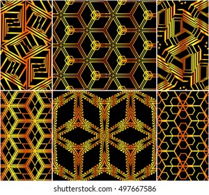 abstract design of cubes. set of 6 patterns. vector illustration. yellow color.