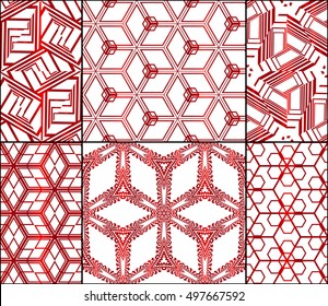 abstract design of cubes. set of 6 patterns. vector illustration. red gradient color.