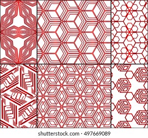 abstract design of cubes. set of 6 patterns. vector illustration. red gradient color.