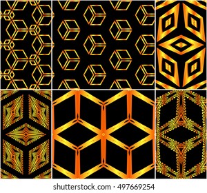 abstract design of cubes. set of 6 patterns. vector illustration. yellow color.