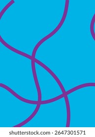 Design abstrato com linhas roxas curvas cruzando sobre um fundo ciano brilhante, em um estilo gráfico plano. Conceito de movimento, fluidez e simplicidade. Ilustração vetorial