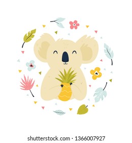 Abstract design with Cute koala and pineapple.. Vector illustration for prints, textile, cards, banners