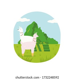 Abstract design with cute lama and famous landmark of Peru Machu Picchu