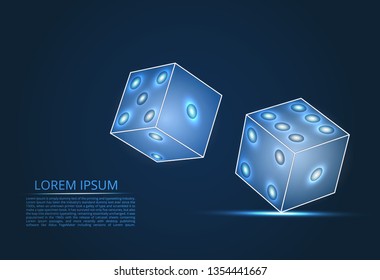 Abstract design of dice in flight. The concept of gambling in a casino. Blue lines, shapes and points.