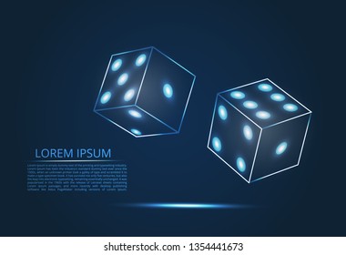 Abstract design of dice in flight. The concept of gambling in a casino. Blue lines, shapes and points.