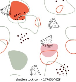 Abstract design and doodle watermelon slice with bones on background seamless pattern wallpaper . Vector stock illustration	