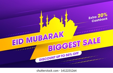 Abstract design of Eid Mubarak Biggest Sale on striped background for Header banner or poster design.