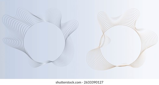 Design abstrato com linhas elegantes em dois tons. Esta imagem apresenta dois projetos circulares e abstratos compostos de linhas entrelaçadas e fluindo.