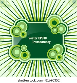 Abstract design element with circles and a sunburst or starburst background. Various shades of green. Copy space for text. Raster also available.