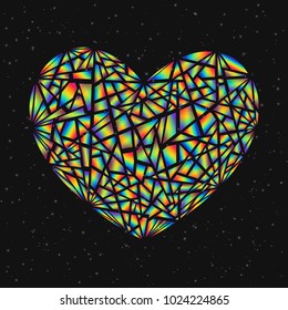 Abstract Design Element Colorful Broken Heart Isolated on Dark Background. Heart from Segments with Realistic Holographic Effect.