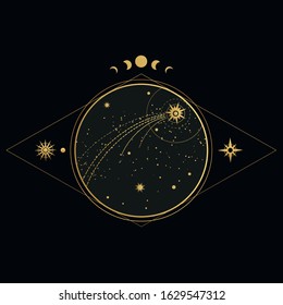 Abstract design element with comet and golden stars. Vector illustration