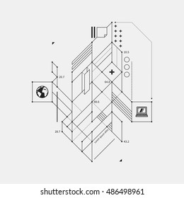 Abstract design element in draft style on white background. Useful for techno prints and posters.