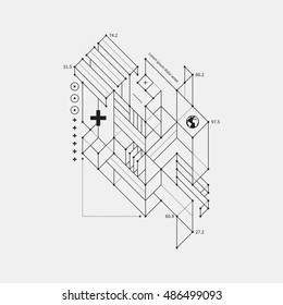 Abstract design element in draft style on white background. Useful for techno prints and posters.