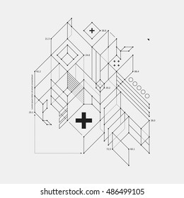 Abstract design element in draft style on white background. Useful for techno prints and posters.