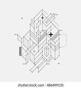 Abstract design element in draft style on white background. Useful for techno prints and posters.