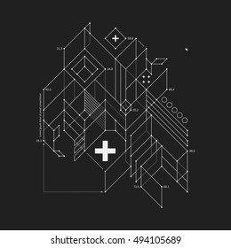 Abstract design element in draft style on black background. Useful for techno prints and posters.