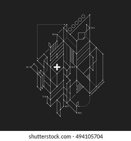 Abstract design element in draft style on black background. Useful for techno prints and posters.