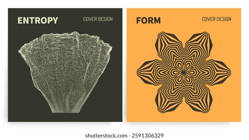 Abstract design element. Optical art. Snowflake. Array with dynamic emitted particles. Water splash imitation. Cover design template. 3D vector for brochure, poster, presentation, flyer or banner.