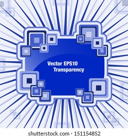 Abstract design element with squares and a sunburst or starburst background. Various shades of blue. Copy space for text.  Raster version also available.