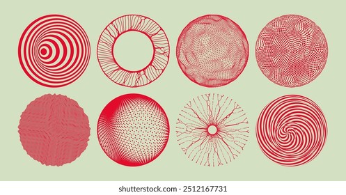 Abstrakte Gestaltungselemente mit dynamischen Teilchen.  Kugeln mit verbundenen Linien und Punkten. Globale digitale Verbindungen. Spirale, Rotation und Wirbelbewegung. Vektorgrafik.